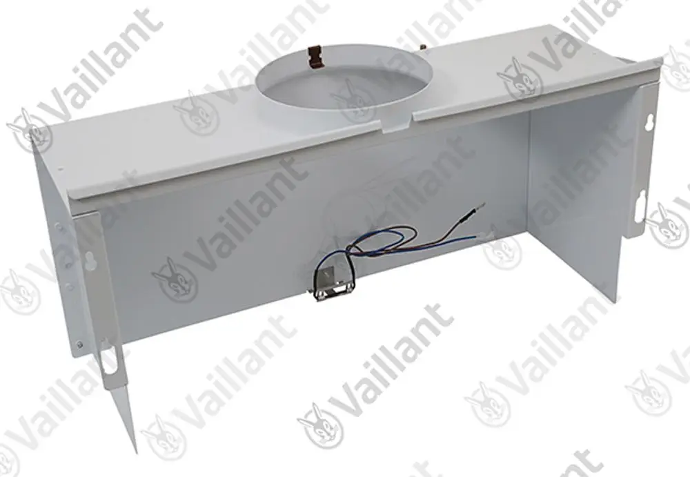 Weiße Vaillant Strömungssicherung mit kreisförmigem Ausschnitt in der Mitte und elektrischen Anschlüssen an der Vorderseite.